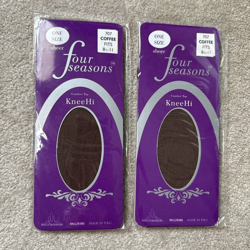 Lot of 2 Four Seasons Sheer KneeHi Comfort Top Stockings, Coffee, Nylon Socks